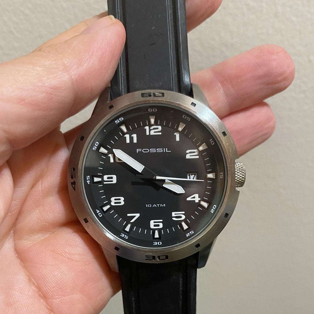 Fossil 10atm Stainless Steel Wrist Watch Black Silicon Strap